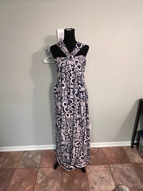 Cleobella Navy and White Patterned Cross-Back Maxi Dress